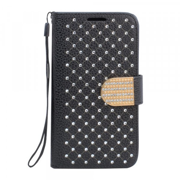 Wholesale Samsung Galaxy S6 Star Diamond Flip Leather Wallet Case with Strap (Black)